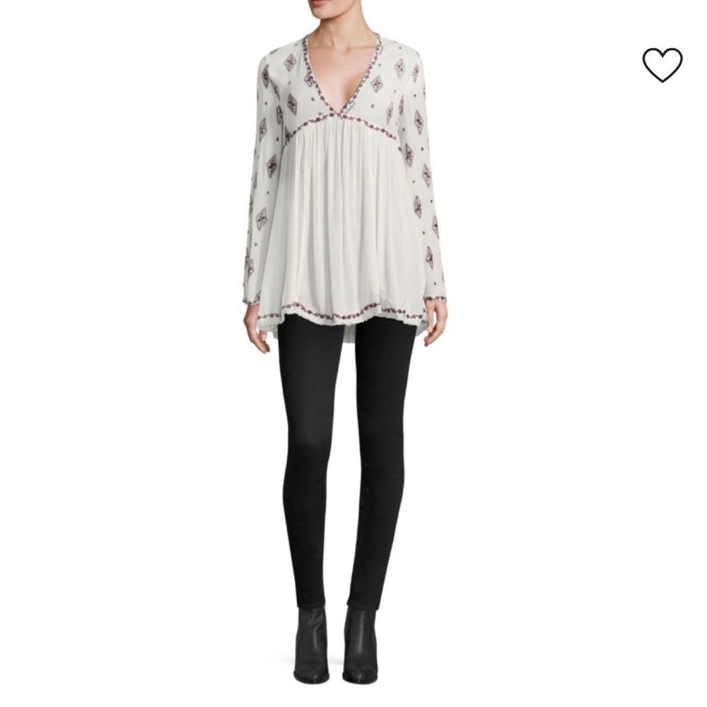 Free People Embroidered Diamond Key Hole Burgundy Cream Raw Hem Tunic Top,Small - Picture 5 of 14